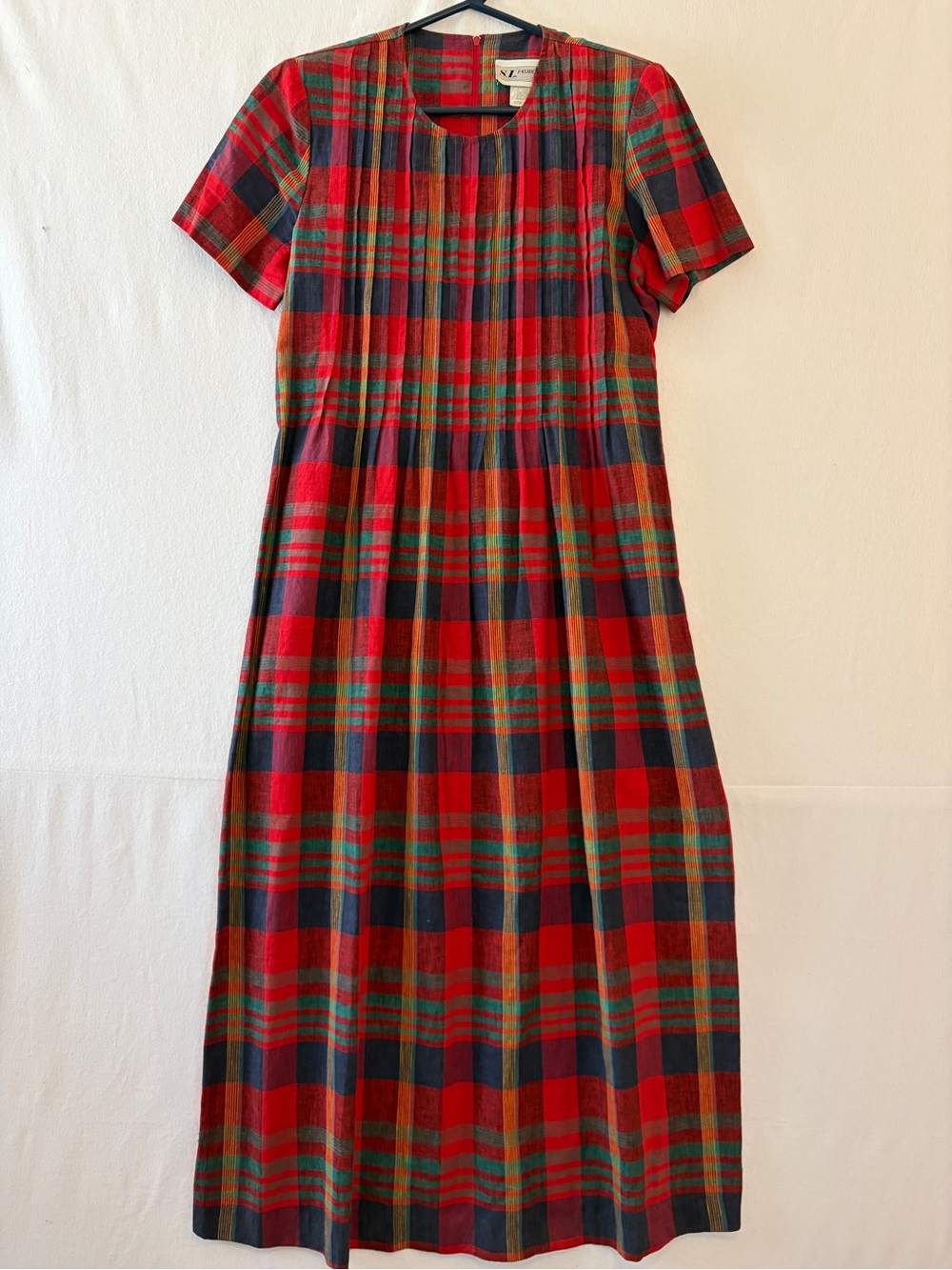 S.L. Fashions Red Plaid Maxi Dress with Green and Navy Stripes